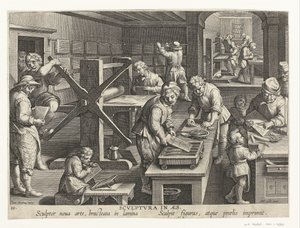 Fremstilling af kobberstik Scvlptvra in aes (titel på objekt) Nye opfindelser og opdagelser (serietitel) Nova Reperta (serietitel)