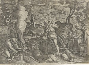 Konijnenjacht Jachttaferelen (serietitel) hvor enhver slags jagt, fuglefangst og fiskeri (serietitel) af Philips Galle (possibly)