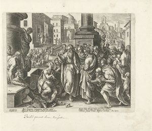 Paulus helbreder en krøbling i Lystra Apostlenes Gerninger (serietitel) Acta Apostolorum (serietitel) af Philips Galle (possibly)