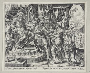 Achior bønfalder Holofernes for israelitterne af Philips Galle