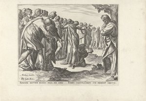 Kristus helbreder en kvinde med blodtab Seks scener med Kristus og kvinder fra evangelierne (serietitel) af Philips Galle