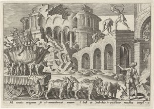 Kaldæerne plyndrer Jerusalems tempel The Days of Doom of the Jewish People (serietitel) af Philips Galle