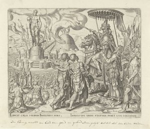 En rasende Nebukadnezar beordrer Shadrak, Meshak og Abednego, der skal bringes til ham Historien om Shadrak, Meshak og Abednego (serietitel) af Philips Galle