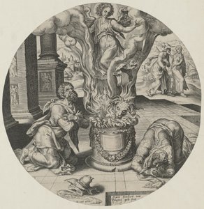 En engel dukker op i flammerne af Philips Galle
