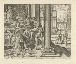 Ester hører fra sine tjenestepiger, at Mordokaj har sørgetøj på History of Esther (serietitel) af Philips Galle