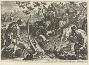 Hertenjacht met vallen Jachttaferelen (serietitel) hvor enhver slags jagt, fuglefangst og fiskeri (serietitel) af Philips Galle