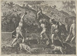 Jacht op dassen Jachttaferelen (serietitel) hvor enhver slags jagt, fuglefangst og fiskeri (serietitel) af Philips Galle