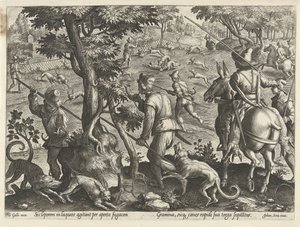 Jacht op hazen Jachttaferelen (serietitel) hvor enhver slags jagt, fuglefangst og fiskeri (serietitel) af Philips Galle