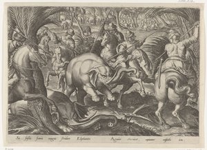 Jacht op olifante Jachttaferelen (serietitel) hvor enhver slags jagt, fuglefangst og fiskeri (serietitel) af Philips Galle