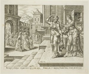 Judith forbereder sig på at tage til fjendernes lejr, planche fire fra The Story of Judith and Holofernes af Philips Galle