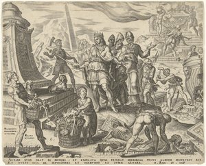 Kong Josias lader offerstedet i Betel vanhelliget Historien om kong Josias (serietitel) af Philips Galle