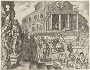 Kong Josias får hestene og vognene fjernet til ære for solen Historien om kong Josias (serietitel) af Philips Galle