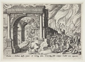 Lot og hans familie forlader det brændende Sodoma af Philips Galle