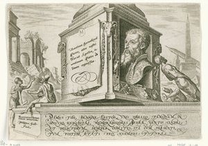 Portræt af Maarten van Heemskerck på piedestalen af ​​en søjle The Days of Doom of the Jewish People (serietitel) af Philips Galle