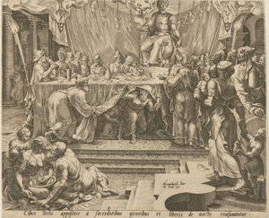 Bel-præsterne spiser og drikker i templet [side 4], og Daniel fodrer dragen [side 7], side 4 og 7 i serien »Historien om Daniel, Bel og dragen« af Philips Galle