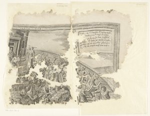 Øverste højre hjørne af et print af scenen af ​​Cebes Tabula Cebetis Carta Vitae (titel på objekt) af Philips Galle