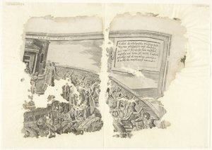 Øverste højre hjørne af et print af scenen af ​​Cebes Tabula Cebetis Carta Vitae (titel på objekt) af Philips Galle