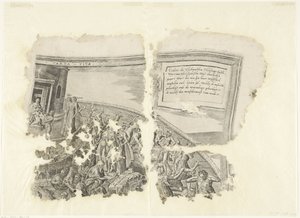 Øverste højre hjørne af et print af scenen af ​​Cebes Tabula Cebetis Carta Vitae (titel på objekt) af Philips Galle