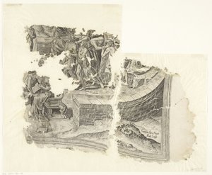 Nederste højre hjørne af et print af scenen af ​​Cebes Tabula Cebetis Carta Vitae (original titel) af Philips Galle