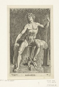 Riviergod Rhone Rodanvs (titel på objekt) Rivier- en zeegoden (serietitel) Elegante portrætter af de marine halvguder og søløverne (serietitel) af Philips Galle