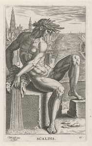 Riviergod Scaldis Scaldis (titel på objekt) Rivier- en zeegoden (serietitel) Elegante portrætter af de marine halvguder og Amnicus-sælerne (serietitel) af Philips Galle