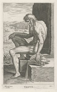 Riviergod Tejo Tagvs (titel på objekt) Rivier- en zeegoden (serietitel) Elegante portrætter af de marine halvguder og Amnicus-sælerne (serietitel) af Philips Galle
