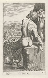 Riviergod Tiber Stammer (titel på objekt) Rivier- en zeegoden (serietitel) Elegante portrætter af de marine halvguder og Amnicus-sælerne (serietitel) af Philips Galle