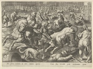 Stierengevecht Jachttaferelen (serietitel) hvor enhver slags jagt, fuglefangst og fiskeri (serietitel) af Philips Galle