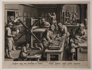 Opfindelsen af kobberstik, ca. 1591 (kobberstik) af Philips Galle
