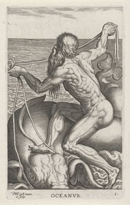 Zeegod Oceanus Oceanvs (titel på objekt) Rivier- en zeegoden (serietitel) Elegante portrætter af de marine halvguder og Amnicus-sælerne (serietitel) af Philips Galle