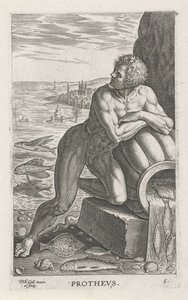 Zeegod Protheus Prothevs (titel på objekt) Rivier- en zeegoden (serietitel) Elegante portrætter af de marine halvguder og Amnicus-sælerne (serietitel) af Philips Galle