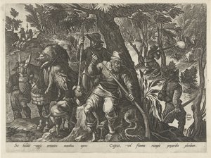 Zwijnenjacht met geweren Jachttaferelen (serietitel) hvor enhver slags jagt, fuglefangst og fiskeri (serietitel) af Philips Galle