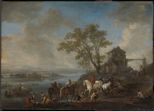 Hestedam ved en flod af Philips Wouwerman