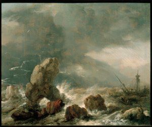 Stormfuldt hav med tre skibe i nød af Philips Wouwerman