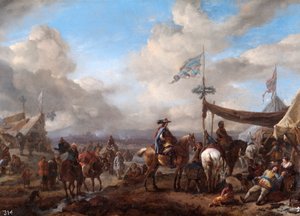 Lejrscene med bugler og beslagsmandsbod (olie på lærred)