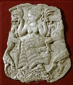 Fønicisk kunst: udskåret elfenbenspyxiddæksel, der repræsenterer en mykensk frugtbarhedsgudinde, der nærer geder. Omkring 1250 f.Kr.. Fra Twink El Beida. Dim 13 cm Paris, Louvre-museet