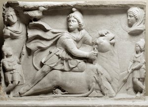 Fønikiernes civilisation: offerscene, der skildrer den guddommelige Mithra (Mythra eller Mithra) forbryder tyren. 2. eller 3. århundrede e.Kr. Marmor reliefstrømper. Paris, Louvre-museet