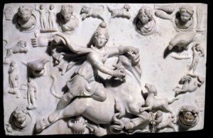 Orientalske antikviteter: Mithra dræber tyren (kommer fra Mithraeum i Sidon). Lavrelief marmor fra Sayda, 2.-3. århundrede (græsk-romersk periode, det fønikiske rige). Paris, Louvre-museet
