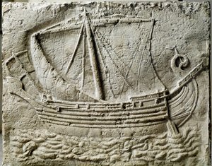 Fønicisk kunst: basrelief af sarkofag, der repræsenterer et handelsskib - Fra den gamle havn i Sidon (Saidoon) i Libanon - Paris, musee du Louvre - Et fønikisk handelsskib - Reliefdetalje af en stensarkofag fundet i Sidon (Libanon) - Louvre Museum , Pari