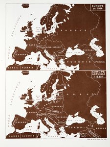 Kort over Europa i 1914 og Europa i 1932 fra Histoire de la Troisieme Republique, Vol. I, Politisk historie, pub.1933 (farve litho)