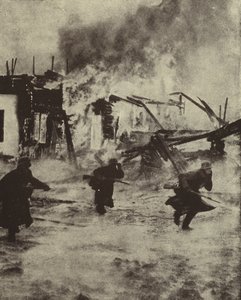 Tyske soldater rykker frem gennem de brændende ruiner af Rotterdam efter deres bombning af Luftwaffe, Anden Verdenskrig, maj 1940 (s/h foto) af Photographer German