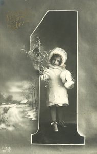 Nytårskort med lille pige i pelshætte (s/h foto) af Photographer German