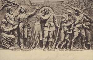 Afskeden, relief på Nationaldenkmal, monument til minde om Tysklands forening, Rudesheim am Rhein, Hessen (s/h foto) af Photographer German