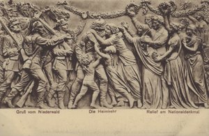 Hjemkomsten, relief på Nationaldenkmal, monument til minde om Tysklands forening, Rudesheim am Rhein, Hessen (s/h foto) af Photographer German