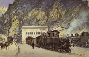 Tog ved indgangen til Simplon-tunnelen (farvefoto)