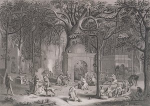 Hindu Fakirs Practicing their Superstitious Rites, graveret af Bell, fra World Religion, udgivet af A. Fullarton & Co. af Picart