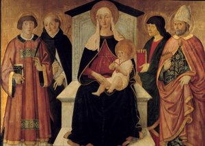 Jomfruen og barnet Jomfruen er omgivet af Saint Laurent diakon, Saint Peter, Saint John, Saint Blaise de Sebaste. Altertavle af Pier Francesco Fiorentino (aktiv omkring 1475-1500) 1490. Søn. 132x143 m. Avignon, Musee du Petro Palais
