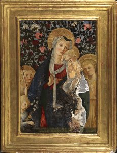 Jomfru og barn med spædbarnet Saint John, Saint Elizabeth og et barn med en vase af liljer, 1450-59