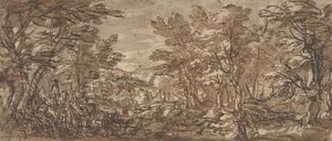 Skovscene, et stop til venstre, en jagt i midten, 1612-66. af Pier Francesco Mola