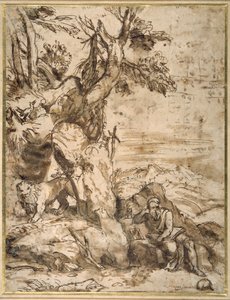 Sankt Hieronymus læser i ørkenen, efter Tizian (ca. 1488-1576) (rørpen og brunt blæk med brun vask på cremepapir)